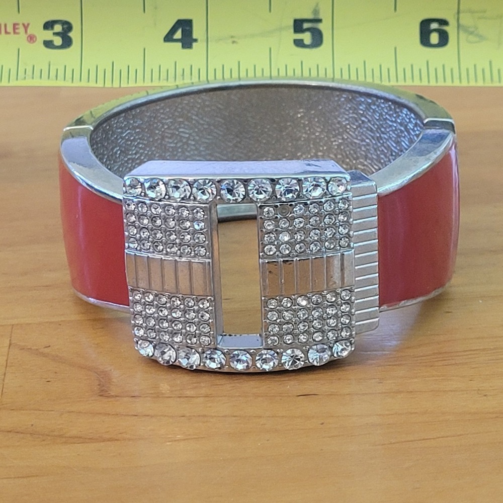 Vintage Y2K Red Enamel Rhinestone Buckle Hinged Cuff Bracelet McBling